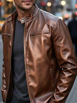 Men's Full Size Faux Leather Bomber Jacket with Zipper Pockets Plus Size view 35