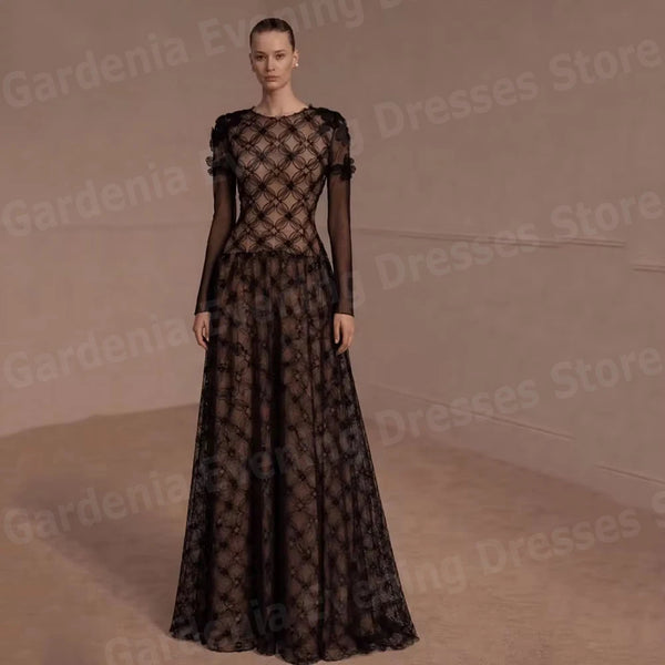 Long-Sleeve Lace A-Line Evening Gown