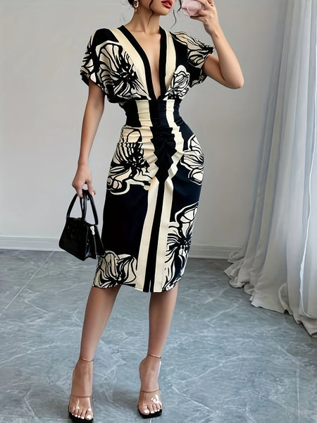 Deep V Flutter-Sleeve Midi Dress