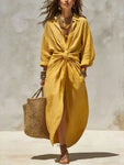 Linen Tie-Waist Maxi Dress with Lapel Collar view 6