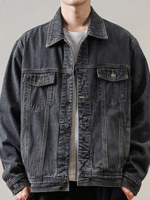 Men's Full Size Classic Washed Denim Jacket with Chest Pockets Plus Size